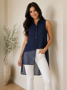 228 BCBGeneration Navy Sleeveless Chiffon Tunic Blouse Sheer Layered Hi Low Top